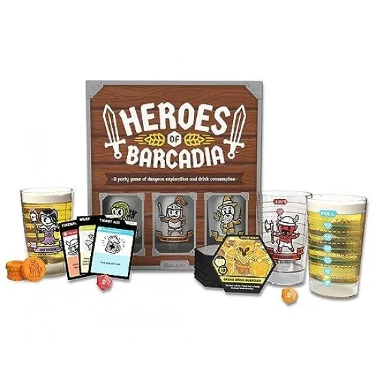 Heroes of Barcadia fantasy drinking party game with power-up cards, loot cards, and health bar cups