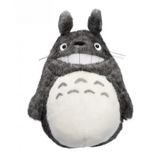 Large grey Big Totoro plush with a wide friendly smile and signature chest markings
