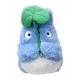 Medium Blue Totoro plush holding a green fabric leaf in its paws