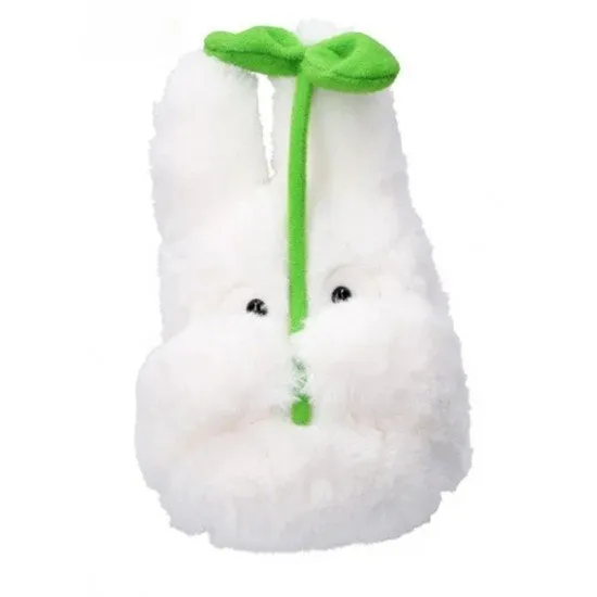 Small White Totoro plush holding a green fabric leaf between its paws