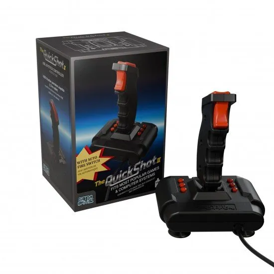 The Quickshot II joystick featuring a red stick, ergonomic grip, and black base with function buttons