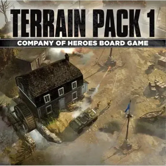 3D terrain pieces for Company of Heroes including grey plastic buildings, sandbags, and tank traps