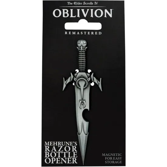 Metal bottle opener shaped like Mehrunes' Razor dagger with antique nickel finish and notched blade