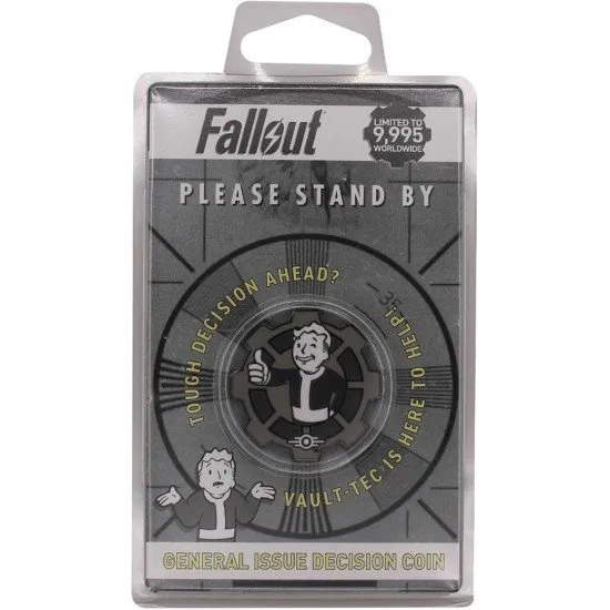 Fallout Decision Coin featuring a black and white enamel Vault Boy thumbs up on one side and thumbs down on the reverse