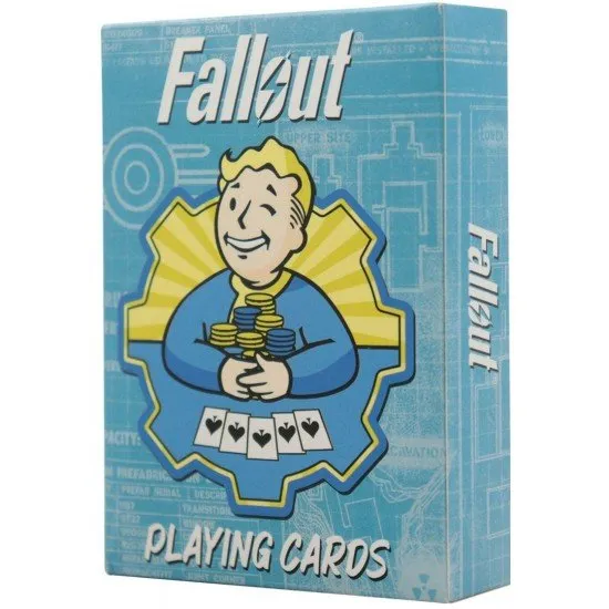 Fallout playing cards showing custom Vault Boy face cards and the Vault-Tec logo on the card backs