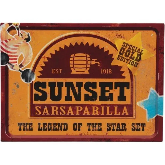 Sunset Sarsaparilla collector set featuring a gold deputy badge, bottle cap necklace, and Festus ace of spades card