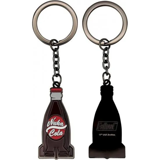 Metal keyring with the red and white Nuka-Cola logo featuring a distressed wasteland finish