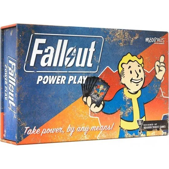 Fallout Power Play card game box featuring faction leaders and wasteland combat artwork