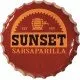 Large circular tin sign shaped like a Sunset Sarsaparilla bottle cap with a weathered finish and cowboy logo