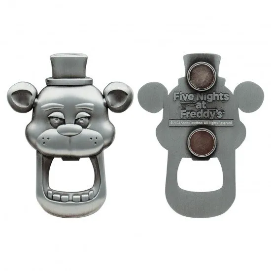 Heavily embossed metal bottle opener shaped like Freddy Fazbear's head with magnetic back