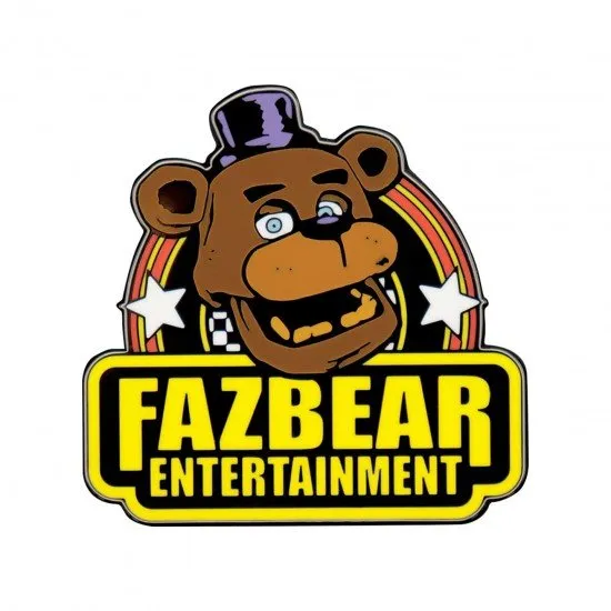 Square coloured metal pin badge featuring Freddy Fazbear and the Fazbear Entertainment company logo