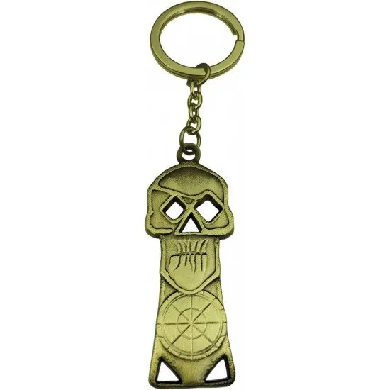 Metal keyring shaped like the Copper Bones Medallion from The Goonies with a weathered finish
