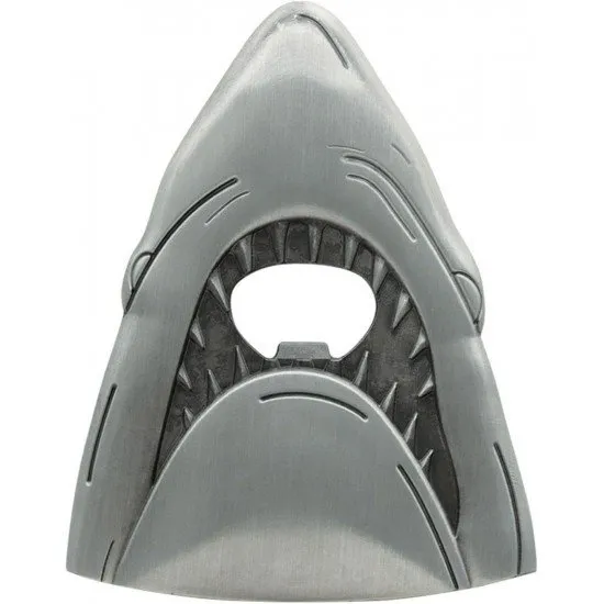 Metal bottle opener shaped like the Great White Shark from Jaws with a magnetic back