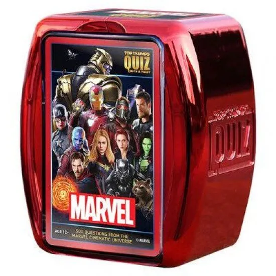 Top Trumps Quiz Marvel Cinematic Universe cards showing various MCU characters and question sets