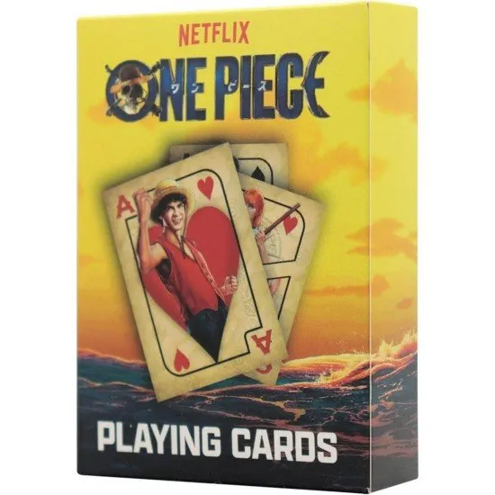 Deck of One Piece playing cards showing Luffy, Zoro, and Nami live action character cards