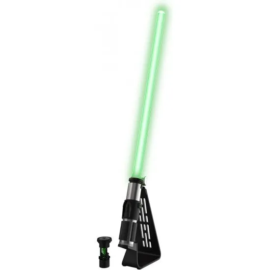 Yoda Force FX Elite Lightsaber with glowing green blade and chrome hilt on display stand