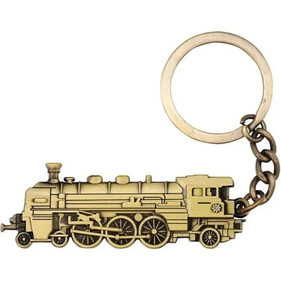 Antique brass Ticket to Ride train keyring featuring a detailed steam locomotive design
