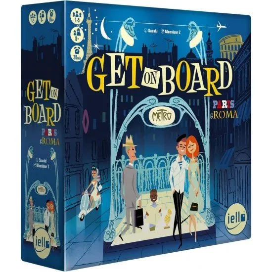 Board game box for Get on Board Paris & Roma featuring colourful metro lines and city landmarks
