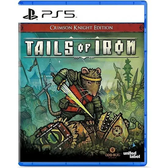 PS5 game cover for Tails of Iron showing Redgi the Rat King in armour against a dark landscape