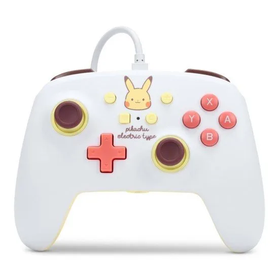 Bright yellow Nintendo Switch controller featuring Pikachu and blue electric bolt patterns