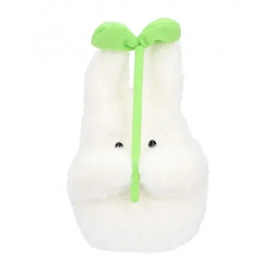 Small white Totoro plush with arms raised in a dancing pose and a wide curious expression