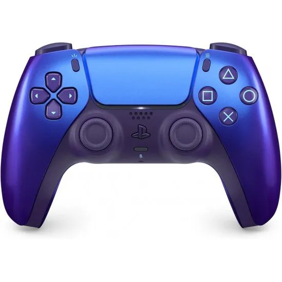 A PlayStation 5 DualSense controller with a shifting metallic finish that transitions between deep blue and royal purple