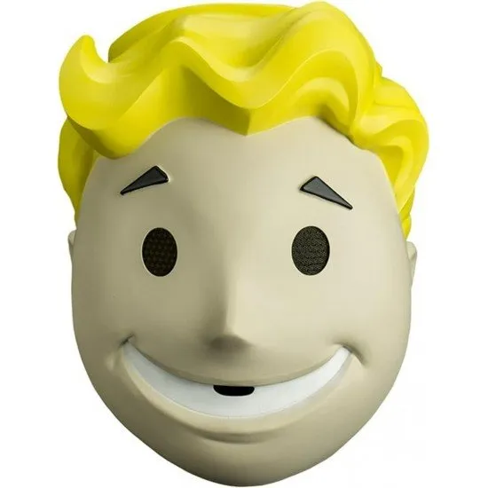 A high-quality full-head yellow and peach vinyl mask of the Vault Boy mascot with a wide smile and thumbs-up expression