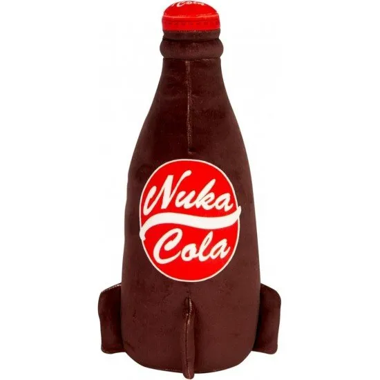 A large, soft red plush toy shaped like a Nuka-Cola bottle with the classic white logo and a grey bottle cap top