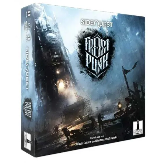 A collection of illustrated cards and puzzle components featuring a dark, snowy steampunk aesthetic and an abandoned steam generator