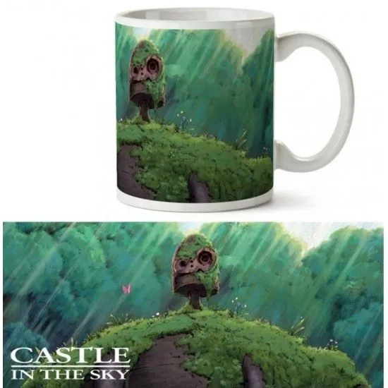 A ceramic mug featuring the detailed face and symbols of the Robot Soldier from the film Castle in the Sky