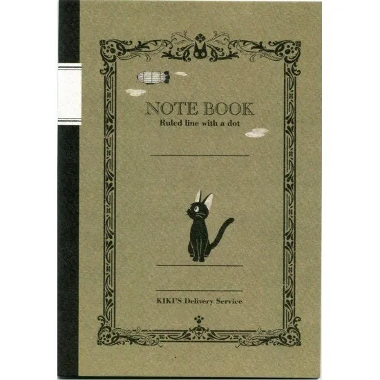 A B6 sized notebook with a cover featuring Jiji the black cat and motifs from Kiki's Delivery Service