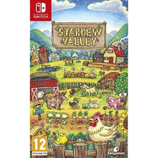 The Nintendo Switch box art for Stardew Valley, featuring a peaceful farm scene with characters, crops, and animals.