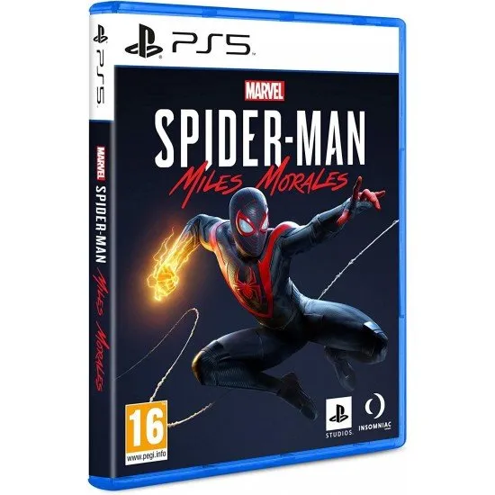 The PS5 box art for Marvel's Spider-Man: Miles Morales, showing Miles in his black and red suit leaping through the air with bio-electric energy.