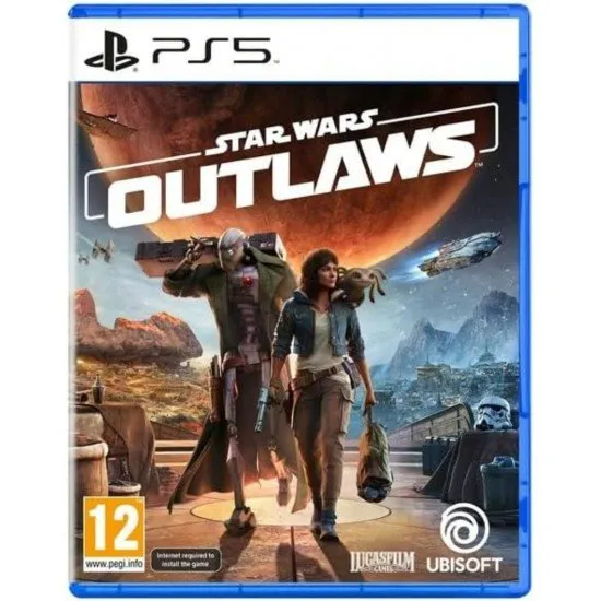 The box art for Star Wars Outlaws featuring Kay Vess and her creature companion Nix with the Trailblazer ship in the background.