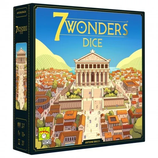 A collection of colourful high-quality dice and erasable wonder trays from the 7 Wonders Dice game