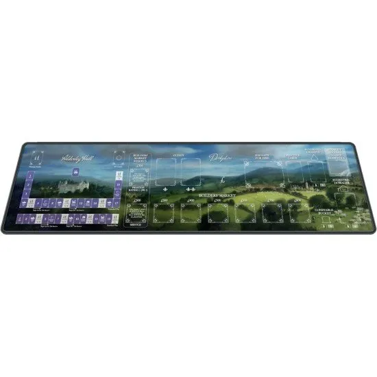 A high-quality neoprene playmat showing a wide rolling landscape with a brooding, misty sky and grand historic manors