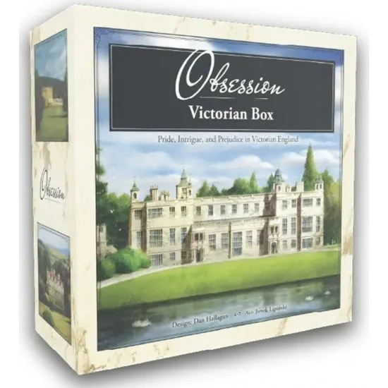 A large, elegantly designed board game storage box with embossed Victorian-style architectural art on the lid