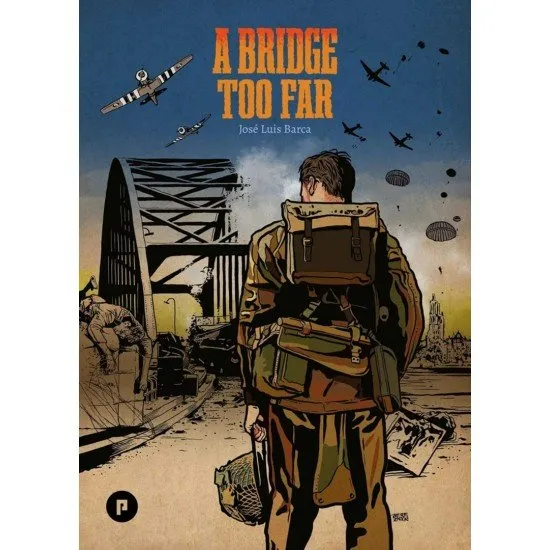 An illustrated game cover showing paratroopers descending over a war-torn landscape and a strategic bridge in the distance