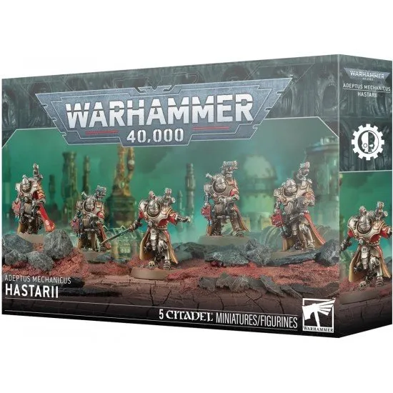 Five heavily armoured Skitarii miniatures with cybernetic enhancements carrying large energy cannons and neutron weapons