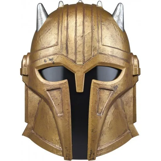 A life-sized gold-toned Mandalorian helmet with a spiked crown and dark visor as seen in the Disney plus series