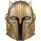 A life-sized gold-toned Mandalorian helmet with a spiked crown and dark visor as seen in the Disney plus series