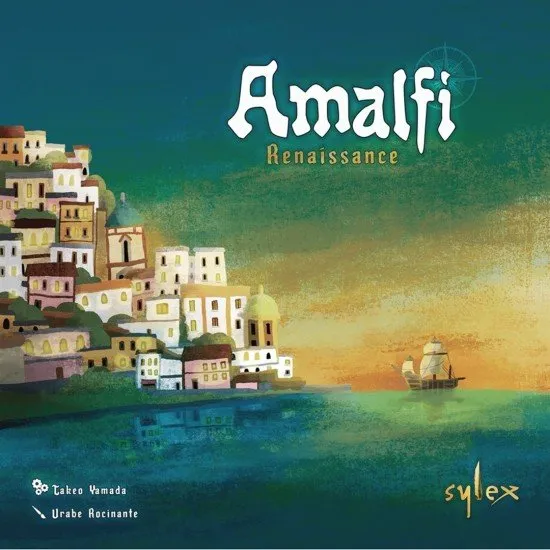 An overhead view of a renaissance-themed board game with wooden ship tokens and ornate player boards showing a Mediterranean port