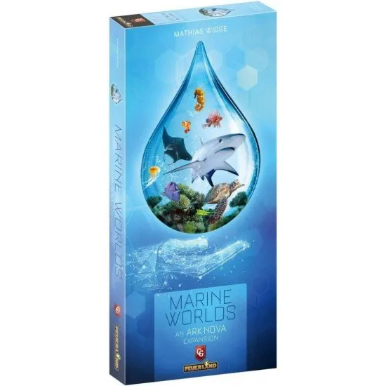 A board game expansion box showing a large aquarium tank with various colourful fish and marine life inside a modern zoo setting