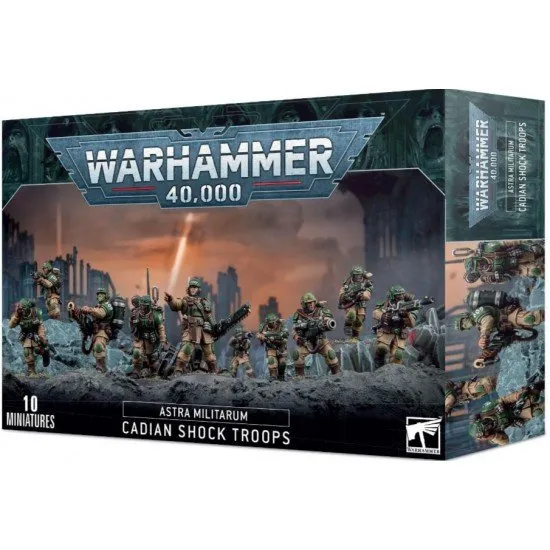 A squad of ten plastic Cadian soldiers in green and tan armour holding lasguns and special weapons on round bases
