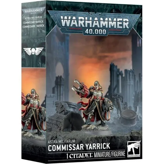 A plastic miniature of Commissar Yarrick standing heroically with a giant mechanical Ork claw and a storm bolter