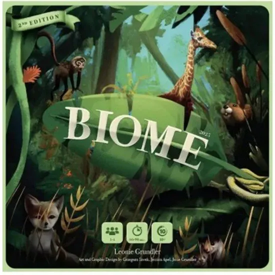 A tabletop board game setup showing vibrant player boards filled with animal and plant cards arranged by season
