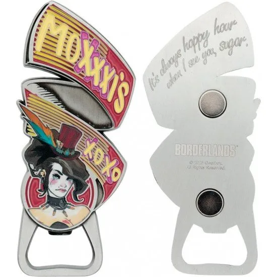 A sturdy metal bottle opener shaped with Mad Moxxi's signature top hat and heart motif from the Borderlands video game series