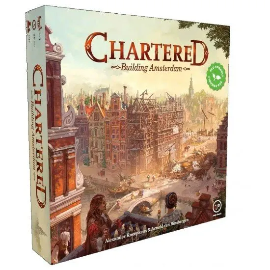 Chartered Building Amsterdam board game box featuring 17th century Amsterdam merchant city artwork