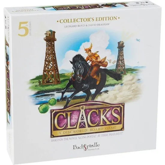 Clacks Discworld board game Collector's Edition box featuring Clacks tower semaphore artwork inspired by Terry Pratchett's Going Postal