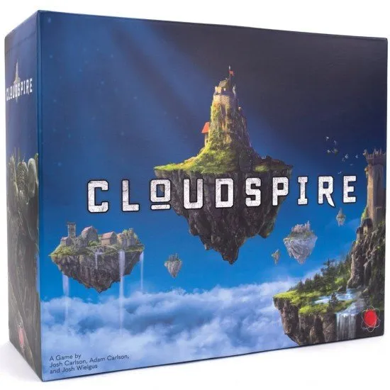 Cloudspire board game box featuring floating realm of Ankar faction artwork and tower defence battle scene